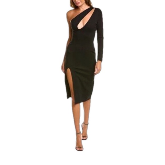 NEW Bonheur D’amour Nathalie Cut Out One Shoulder Midi Black Dress Size Small - Picture 1 of 5